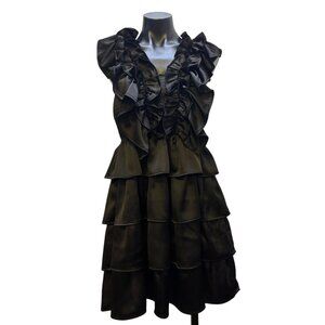 Karlie Ruffled Black Satin Sleeveless Tiered Dress S